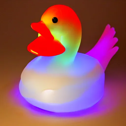 Prompt: a duck made out of jello, glowing