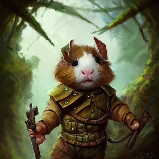 Prompt: cute little anthropomorphic Guinea Pig Soldier, ultra wide lens shot , tiny, small, Jungle camouflage, short, cute and adorable, pretty, beautiful, DnD character art portrait, matte fantasy painting, DeviantArt Artstation, by Jason Felix by Steve Argyle by Tyler Jacobson by Peter Mohrbacher, cinematic lighting