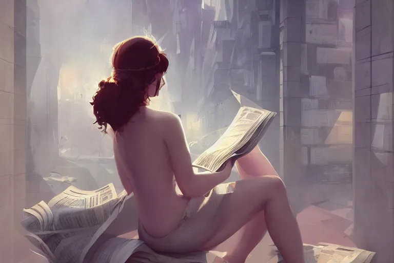 Image similar to seductive goddes reading newspaper in modern city in the style of Durand and greg rutkowski, beautiful, geometric, trending on artstation, cinematic