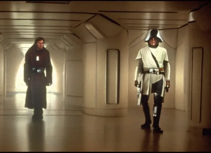 Image similar to Still of Clint Eastwood as Obiwan kenobi with his light saber in the death star corridors in Star Wars (1977)