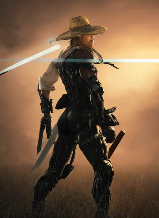 Image similar to a photorealistic hyperrealistic render of a raiden metal gear solid wielding a katana sword and wearing a straw hat, lightning crackling from his hands, greg rutkowski, wlop, artgerm, dramatic moody sunset lighting, long shadows, volumetric, cinematic atmosphere, octane render, artstation, 8 k