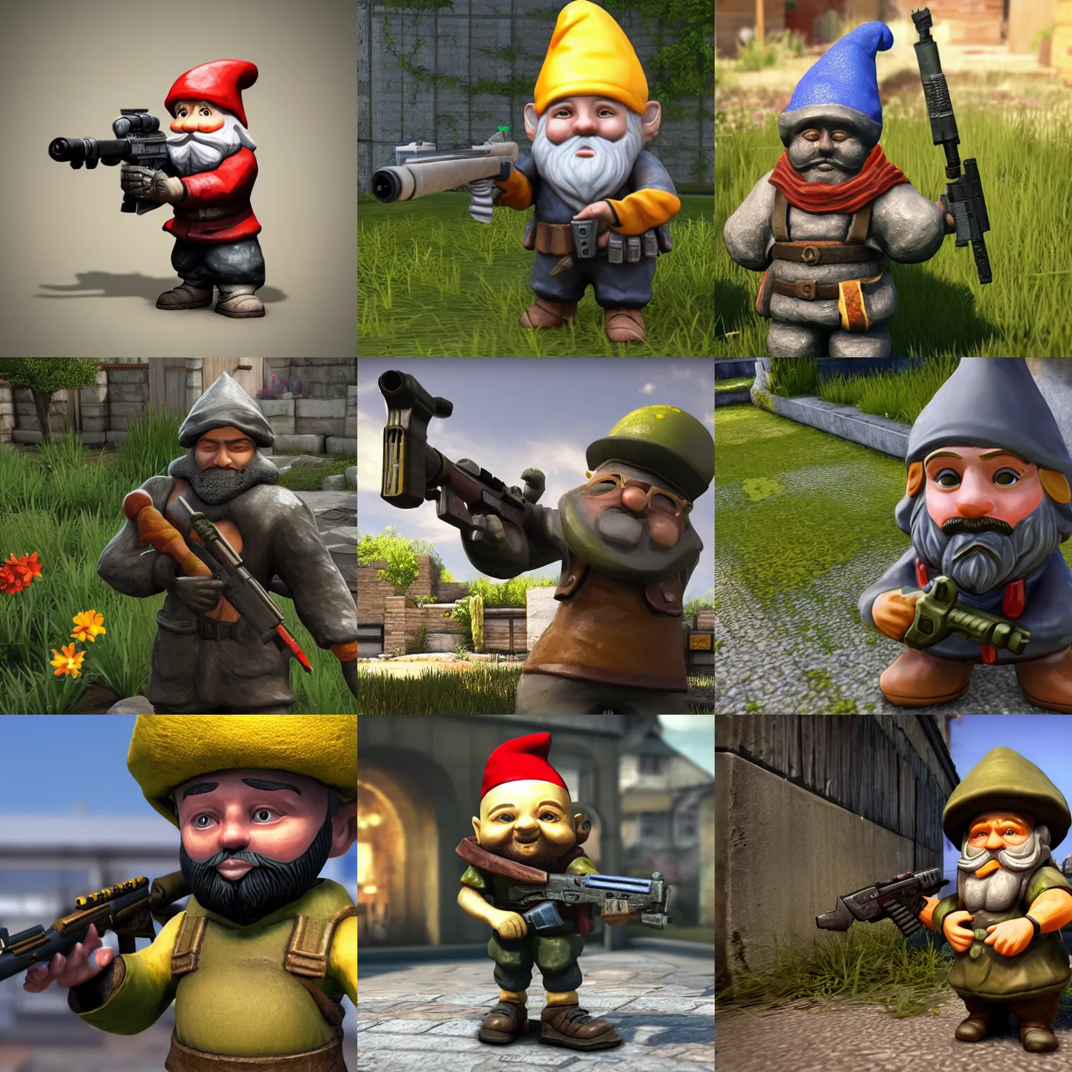 Prompt: garden gnome holding awp in counter-strike global offensive, hyper realistic, 8K render, unreal engine, shadows, reflections