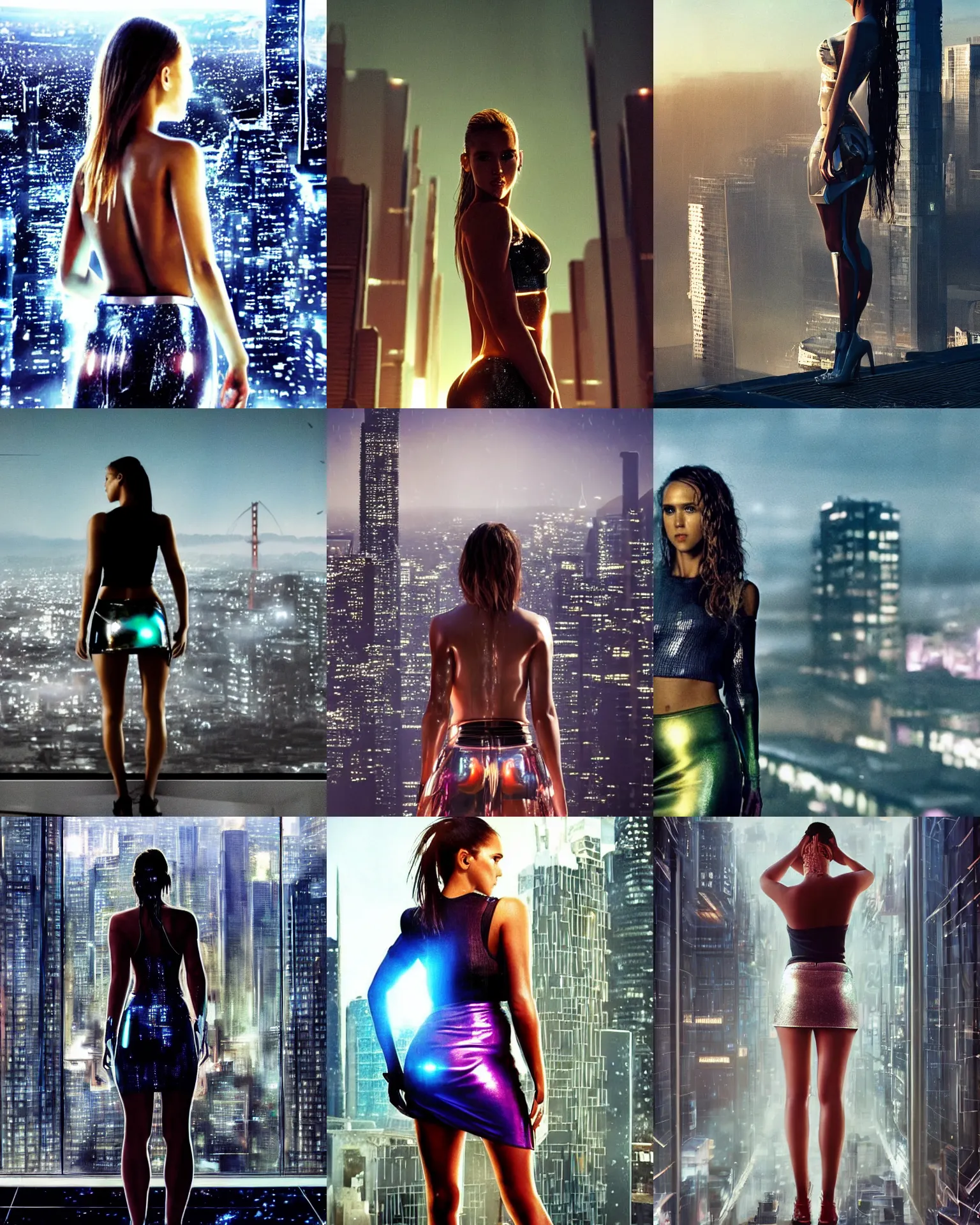 Prompt: sci-fi movie still body portrait of wet jessica alba cyborg young woman standing from behind, overlooking a future city SF, facing away from the camera, bold shiny rave skirt and top wide shot, pinterest,