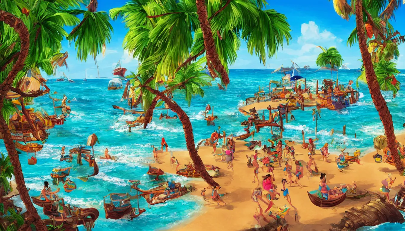 Prompt: a tropical beach scene, The curse of monkey island, high detail, colorful