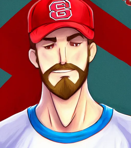 Image similar to tall skinny white guy with very short blonde beard wearing an nc state red baseball cap and red shirt full color digital illustration in the style of don bluth, artgerm, artstation trending, 4 k