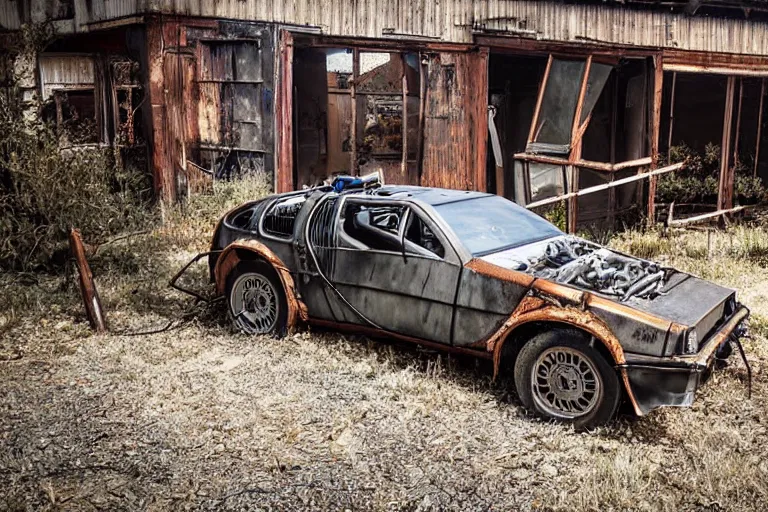 Image similar to rusty, derelict 1 9 2 2 delorean inside a dusty worn down old barn