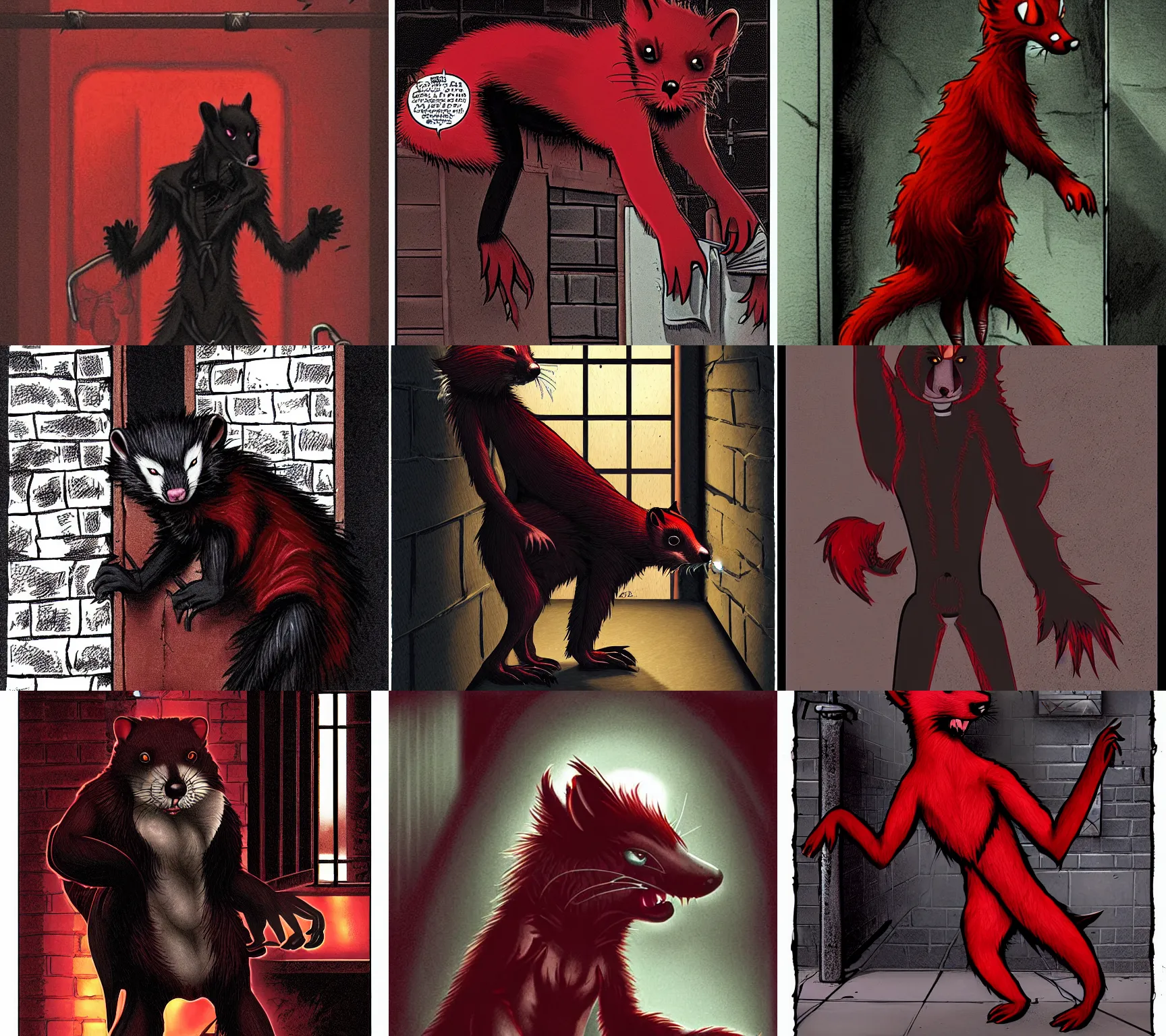 Image similar to vampire : the masquerade ( world of darkness ) source book illustration of an anthropomorphic red - black furry weasel - ferret - stoat fursona ( from the furry fandom ) in prisoner's regalia, in a prison cell, scratching at the walls