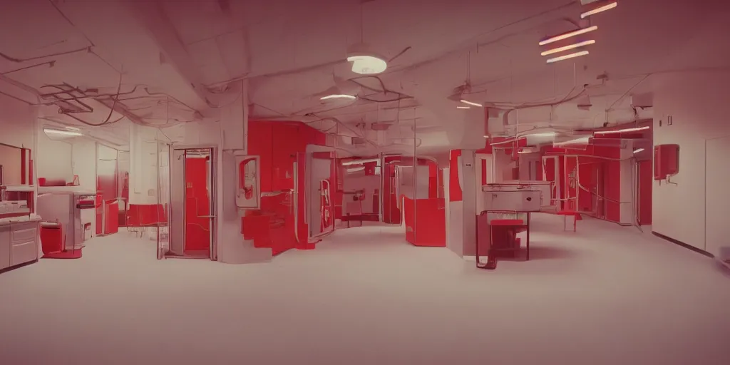 Image similar to noisy color photograph of a retrofuturist liminal space, laboratory, red lights, minimalist, cinematic, soft vintage glow