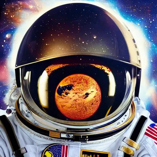 Image similar to “astronaut on board international space station wearing black space suit and gold helmet and ornaments, highly detailed, realistic, sparkle, portrait, no flag patch, symmetrical, photorealistic, proportional, beauty, fish eye lens, nasa, spacex, galaxies, in the style of Edward hooper oil painting sun rising”