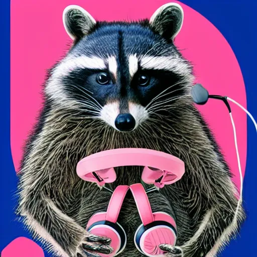 Image similar to racoon wearing pink headphones, chad, poster style, vivid colors