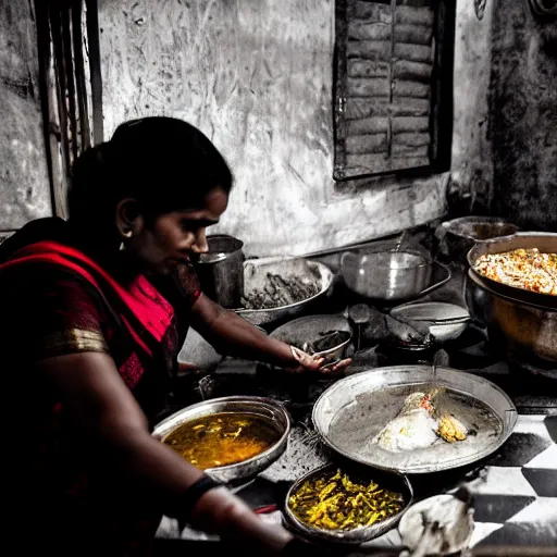 Prompt: A Bengali woman in a saree cooking at the stove while several Bengali dishes are served on the table beside her. The picture must be warm and rustic and nostalgic.