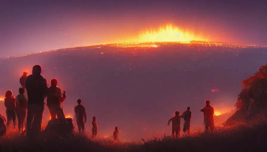 Prompt: people on a hill watching humongous explosion in the distance at night, hyperdetailed, artstation, cgsociety, 8 k