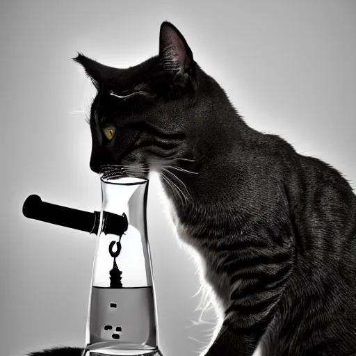 Prompt: a cat exhaling a large hit from her bong, award winning photography