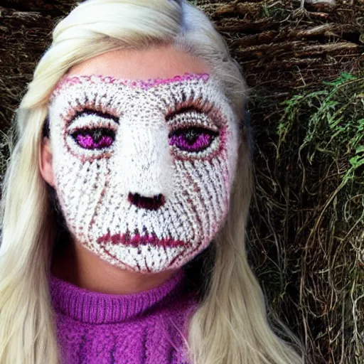 Prompt: a hand knit wool sweater with a lady gaga face pattern