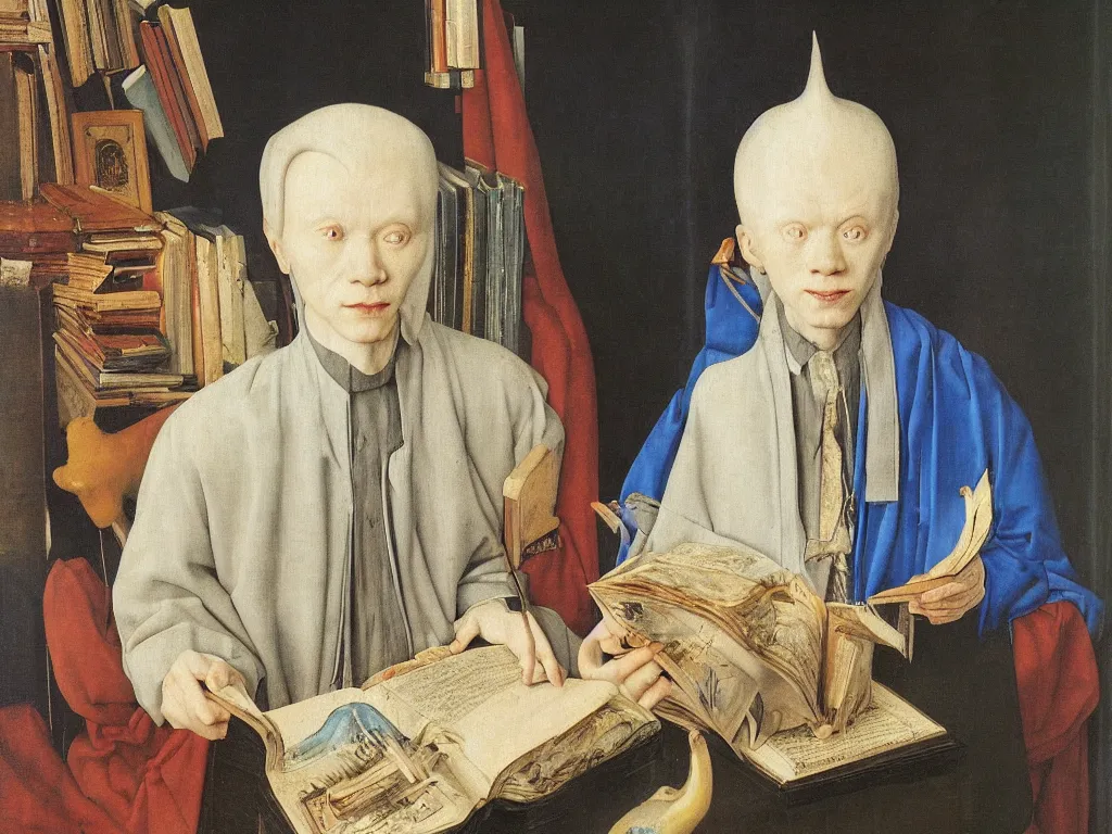 Prompt: Portrait of albino mystic with blue eyes, with books, large illustrated manuscripts. Painting by Jan van Eyck, Audubon, Rene Magritte, Agnes Pelton, Max Ernst, Walton Ford