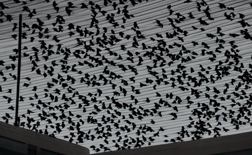 Image similar to low angle photo of a flock of birds scene from the travel plaza window, scene from being john malcovich film directed by charlie kaufman ( 2 0 0 1 ), moody cinematography and lighting, 2 4 mm anamorphic lens