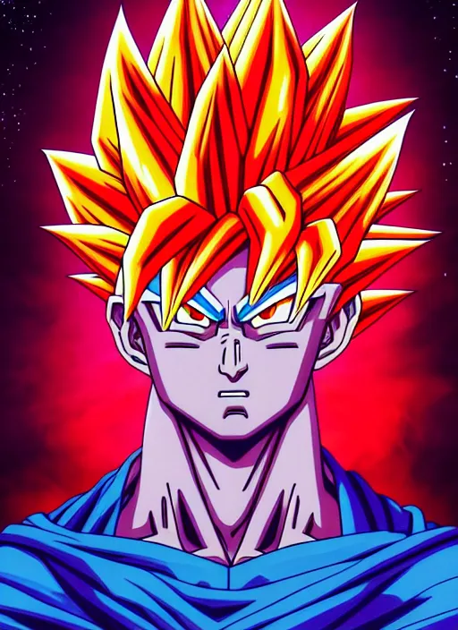 Prompt: symmetry!! stunning portrait of goku super saiyan!! by akira toriyama, by victo ngai, kilian eng vibrant colors, dynamic lighting, digital art, winning award masterpiece, fantastically beautiful, illustration, aestheticly inspired by beksinski and dan mumford, trending on artstation, art by greg rutkowski, 8 k