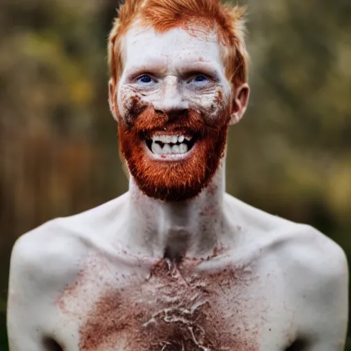 Prompt: photo of a skinny tall ginger men with rotten stained big yellow teeth, ugly appearance, acne and staining all over his face, 8 5 mm, f / 1. 3