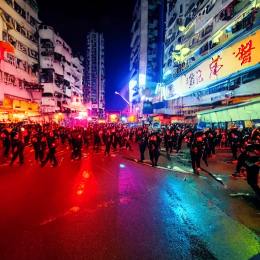 Prompt: violent riots in Hong Kong, wide angle shot neon lights