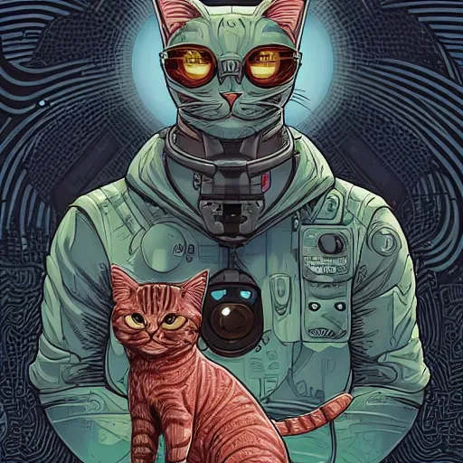 Image similar to a cat with a robot llustrated by laurie greasley, dan mumford, peter mohrbacher, hyper detailed, trending on cg society, crisp