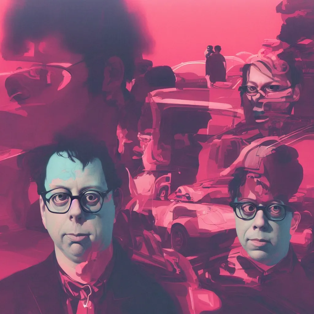 Image similar to weird and disturbing portrait of todd solondz driving a car in new york, vivid colors, death, neon, art by ( ( ( kuvshinov ilya ) ) ) and wayne barlowe and francis bacon and artgerm and wlop and william - adolphe bouguereau