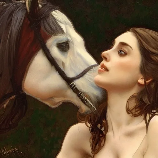 Prompt: young alison brie kissing a man - horse, painted by artgerm and greg rutkowski and alphonse mucha. clear highly detailed face, beautiful fantasy art,