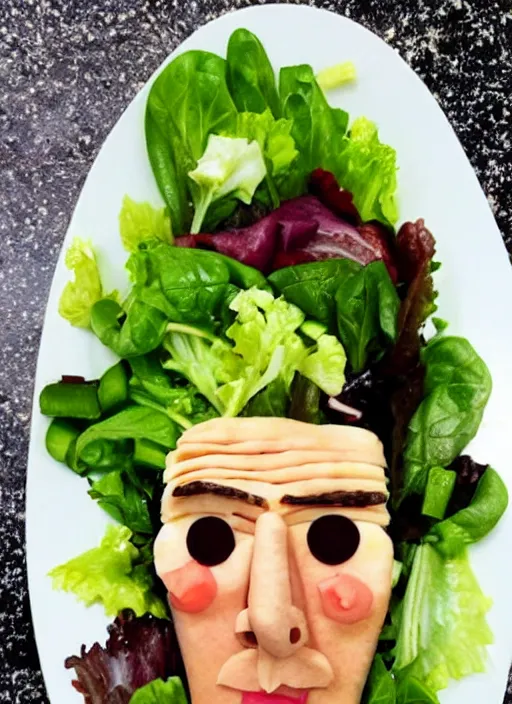 Prompt: salad in the shape of benedict cumberbatch face