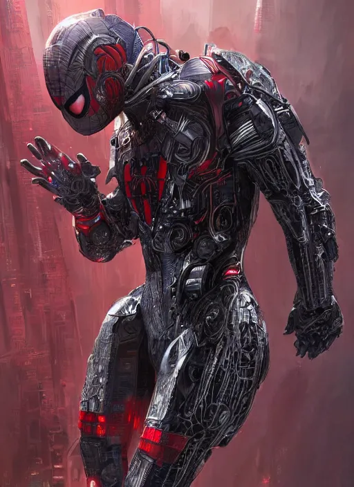 Prompt: high intricate spiderman cyborg with red sci - fi armor and black garment, space harbor, maria panfilova, andrea savchenko, mike kime, ludovic plouffe, qi sheng luo, oliver cook, julian calle, eddie mendoza, trending on artstation