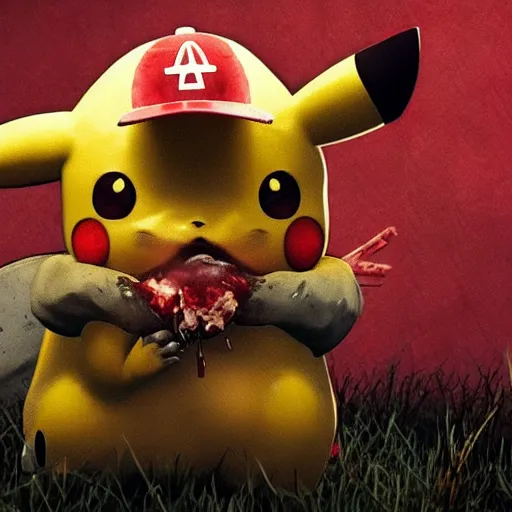 Image similar to 3 d realistic bloody pikachu eating a survivor from the game dead by daylight, dark lighting and heavy fog, videogame screenshot of mori animation