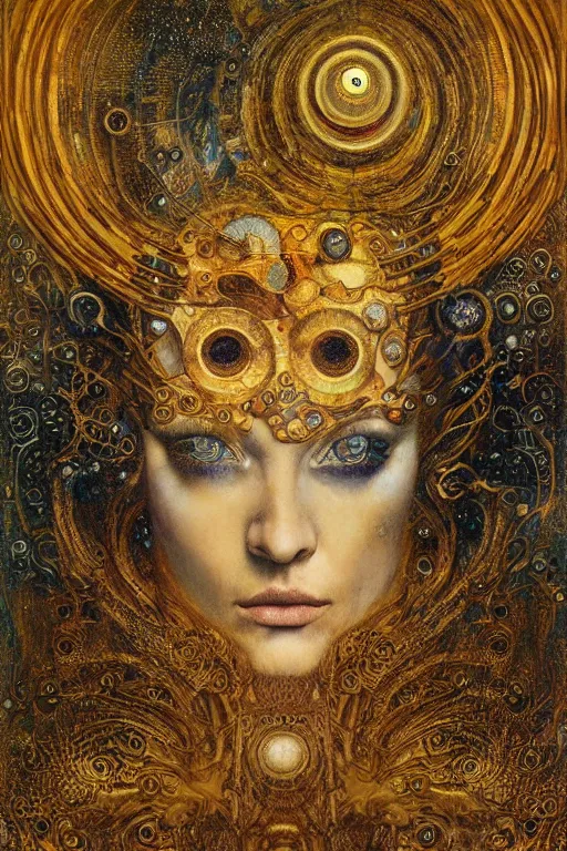 Image similar to Machinery of Fate by Karol Bak, Jean Deville, Gustav Klimt, and Vincent Van Gogh, enigma, otherworldly, fractal structures, arcane, ornate gilded medieval icon, third eye, spirals