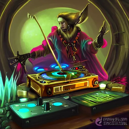 Image similar to fantasy painting of a dj set with turntable in a fantasy dungeon in the style of dnd,