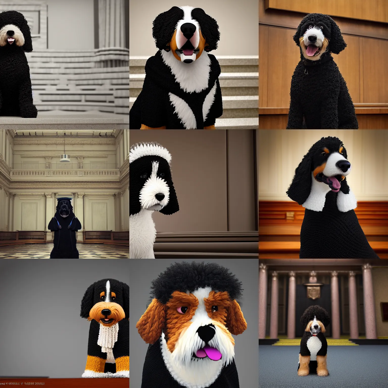 Prompt: a photorealistic photograph of a smiling knitted bernedoodle judge dog dressed in a black gown, presiding over the courthouse. indoors, well lit. this 4 k hd image is trending on artstation, featured on behance, well - rendered, extra crisp, features intricate detail, epic composition and the style of unreal engine.