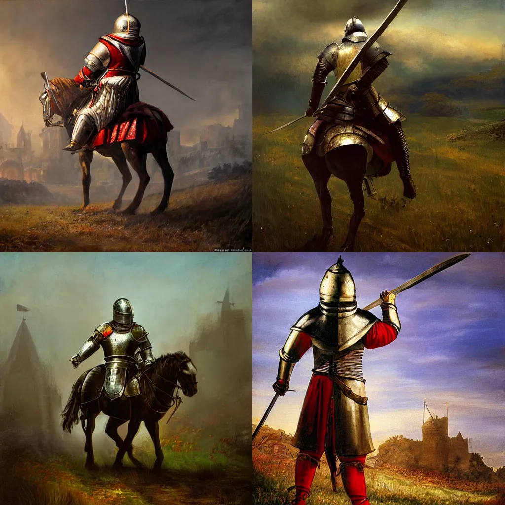 Prompt: painting of a medieval knight in full growth from the back, on a battleground, epic artwork, atmospheric light, by Evgeny Botvinnik