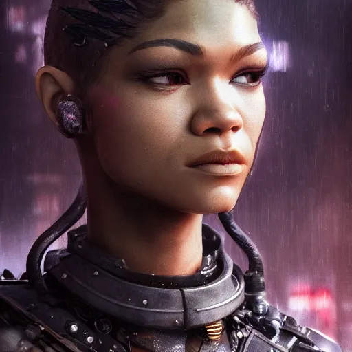 Image similar to zendaya portrait, dystopia core, apocalyptic, armor, warrior, dramatic, sharp focus, fiction, neon, fantasy, hyper detailed, digital art, trending in artstation, cinematic lighting, studio quality, smooth render, unreal engine 5 rendered, octane rendered, art style and nixeu and wlop and krenz cushart