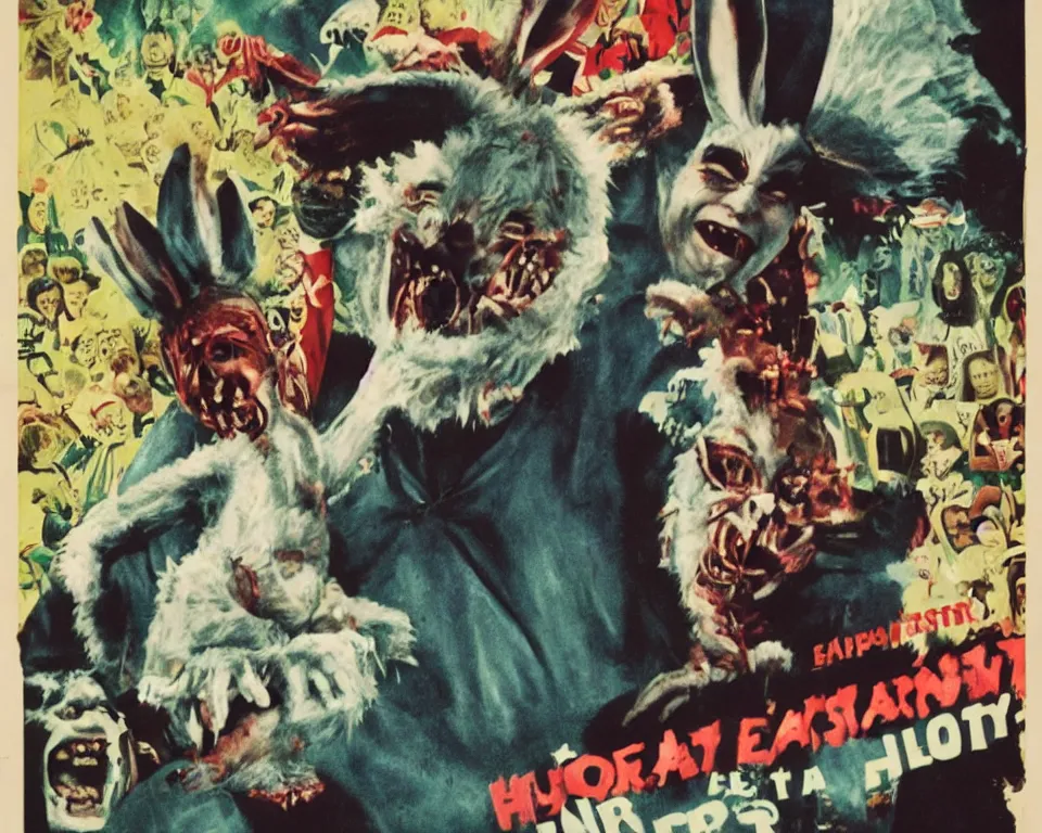 Image similar to a horror movie poster featuring the easter bunny fighting gilbert gottfried