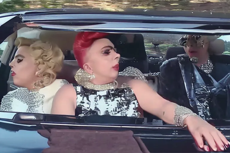 Image similar to lady gaga and judy garland doing carpool karaoke, lady gaga and judy garland, carpool karaoke, lady gaga, judy garland, carpool karaoke, youtube video screenshot, the late late show with james corden