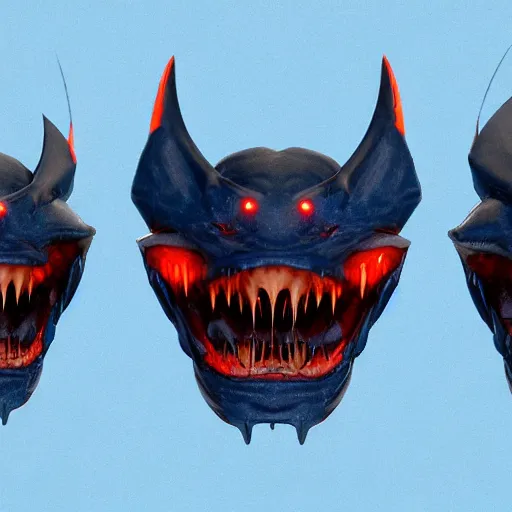 Image similar to front and back character view of scary giant mutant dark blue humanoid bat, glowing red eyes flying above a stormy ocean, sharp teeth, acid leaking from mouth, realistic, giant, bat ears, bat nose, bat claws, bat wings, furred, covered in soft fur, detailed, trending on artstation clean concept art and sheet that using unreal engine 5 render and hyper detailed 3D texture with cinematic software light 85mm f/1.4