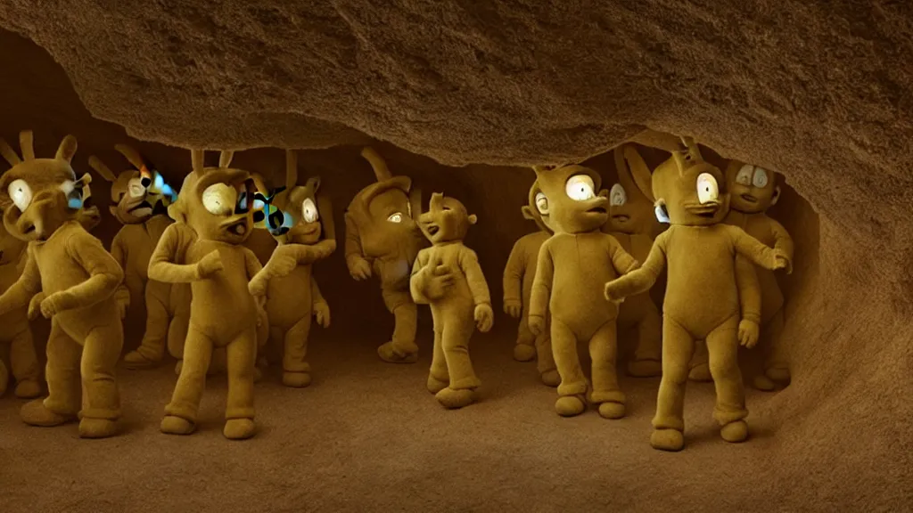Image similar to Deranged Teletubbies form a cave out of their bodies , film still from the movie directed by Denis Villeneuve with art direction by Zdzisław Beksiński, wide lens