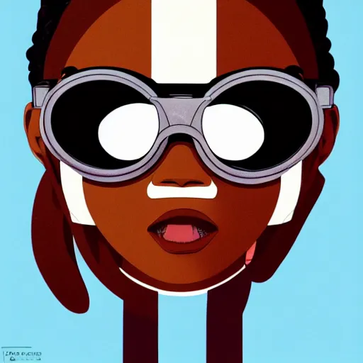 Image similar to face of a girl wearing goggles, brown skin, symmetrical, ilya kuvshinov, jamie hewlett, yoji shinkawa, muted colors, portrait, beautiful detailed illustration, graphic, fun, 17th century oil painting, flat colors, studio ghibli, cel shading,