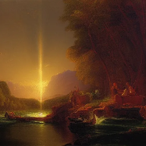 Prompt: An oil painting called: river of light that leads to God, painted by Thomas Cole, award winning, extremely detailed, 4k,