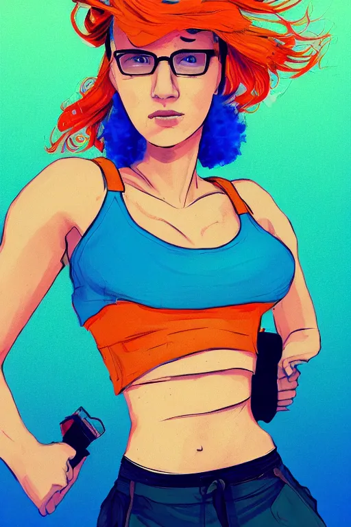 Image similar to a award winning half body portrait of a beautiful caucasian woman in a croptop and cargo pants with ombre orange blue teal hairstyle with head in motion and hair flying by will eisner, outrun, vaporware, digital art, trending on artstation, highly detailed, fine detail, intricate