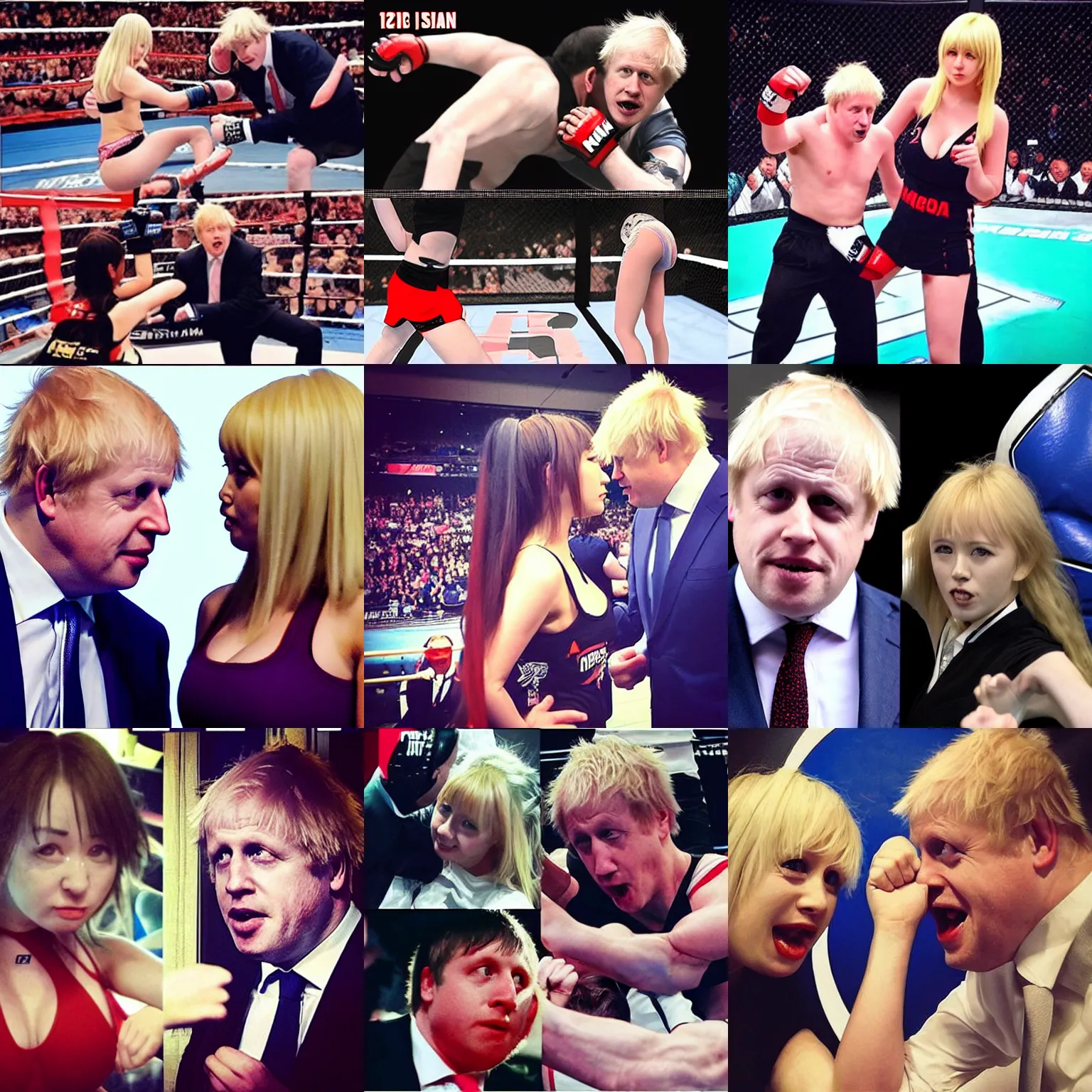 Prompt: “mma octagon fight between Boris Johnson and anime babe”