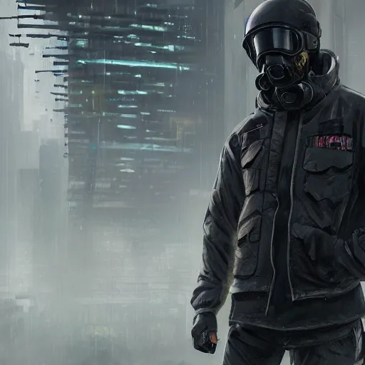 Image similar to A broad shouldered, muscular man in a Acronym Riot Division techwear outfit, Acronym P31-ds pants, trending on r/techwearclothing, high quality, digital art, dire cyberpunk city, gray sky, greg rutkowski