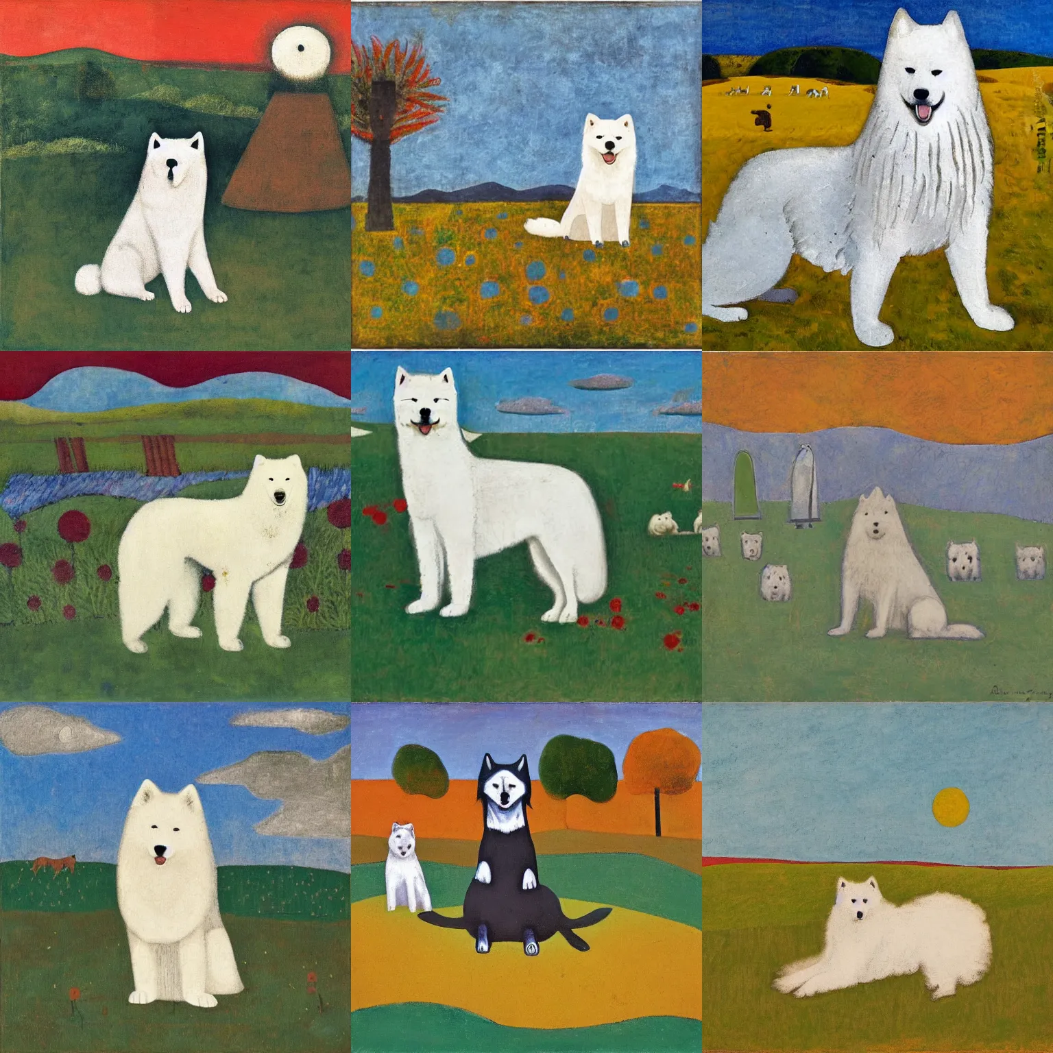 Prompt: a samoyed dog sitting in the middle of sunny meadow, by rufino tamayo