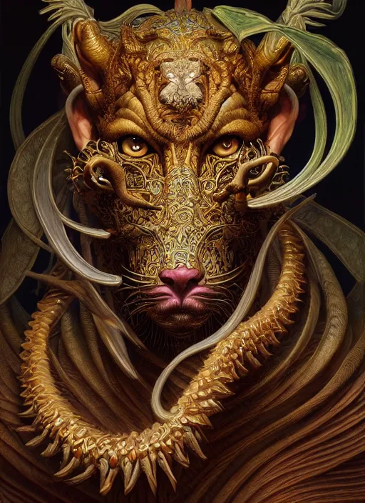 Prompt: : chimera fantasy, fantasy magic,  , intricate, sharp focus, illustration, highly detailed, digital painting, concept art, jahbu art and Paul lewin and kehinde wiley, masterpiece