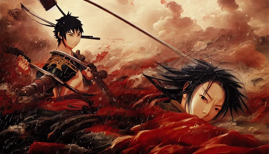 Prompt: baroque oil painting of key visual great samurai war, many warriors, rain, romantic, storm, final fantasy, akira kurosawa, fake detail, trending pixiv fanbox, acrylic palette knife, style of makoto shinkai takashi takeuchi yoshiyuki sadamoto greg rutkowski chiho aoshima, artstation, manga