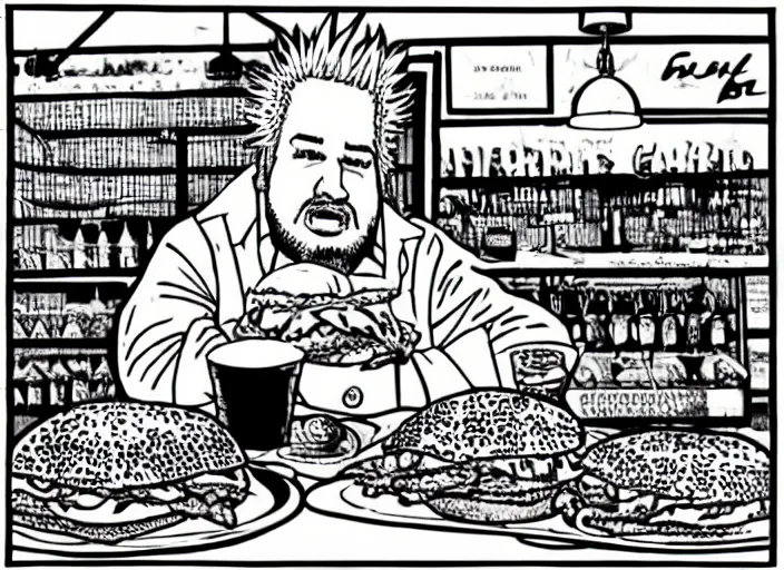 Image similar to guy fieri eating a giant bacon cheeseburger in flavortown, by edward gorey