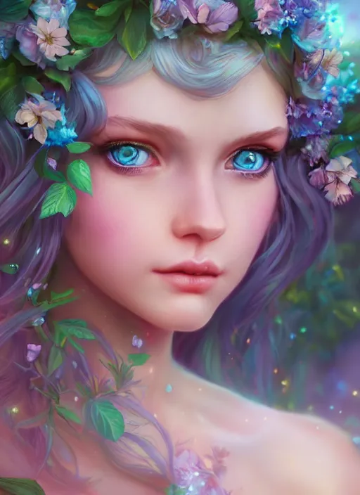 Prompt: portrait of a gorgeous fairy princess of the forest, perfect blue eyes, detailed iridescent floral pattern skin, ultra realistic, cinematic lighting, depth of field, artstation, artgerm, NeoArtCorE