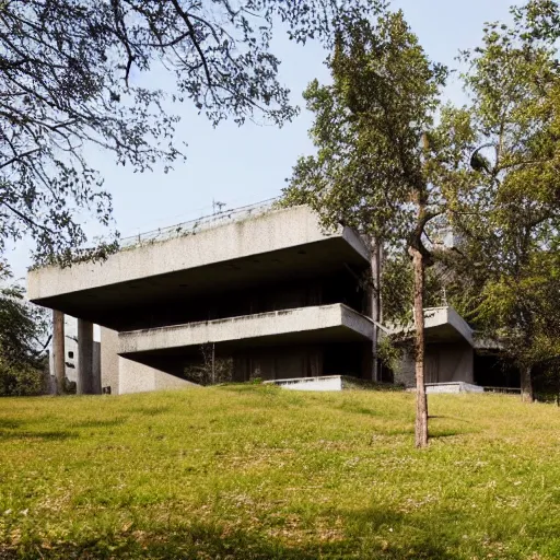 Image similar to an eco-brutalist building amongst the trees