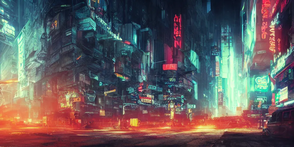 Image similar to a guatemalan solitary cyberpunk city with neon ads and signs with evocative dramatic mood with blade runner vibe with cars and floating vehicles with motion blur with depth of field with bloom with lightshaft with volumetric lights, fog, by jeremy mann, oscar winning graphics, photo realistic, bloom, imax, dynamic lighting, artstation, netflix series,
